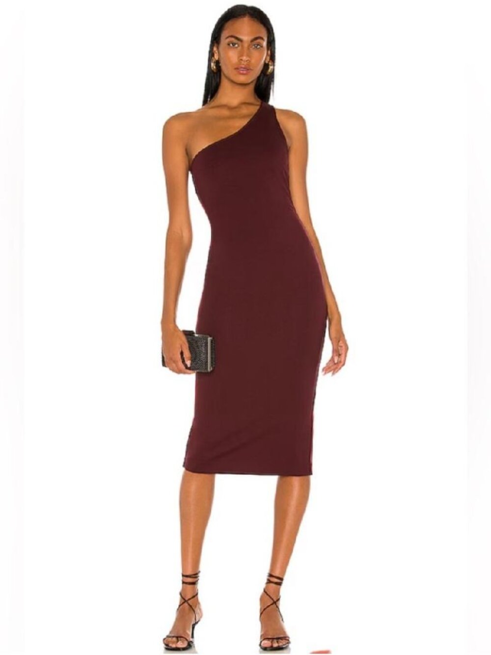 LPA Revolve Adila Burgundy One Shoulder Bodycon Midi Dress Low Back Minimalist L
